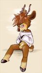 anthro antlers balls barefoot blush bottomless cervine clothed clothing cub digital_media_(artwork) edmund_the_sawsbuck erection eyewear glasses half-dressed hooves horn looking_at_viewer male mammal nintendo penis pok&eacute;mon sawsbuck shirt shirt_lift sitting solo toybadgers video_games young 