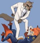 3_toes anthro blue_background bodily_fluids bottomwear brown_body brown_fur canid canine canis clothing cum disney dominant dominant_anthro dominant_male dreamworks duo ejaculation eyes_closed fangs feet foot_fetish foot_on_face foot_on_penis foot_play foot_sniffing footjob footwear fox fur genital_fluids genitals grin hi_res humanoid_genitalia humanoid_penis male male/male mammal mr._wolf_(the_bad_guys) nick_wilde open_mouth orange_body orange_fur pants penis police police_uniform red_body red_fur sex shirt simple_background smile sniffing sniffing_sock sock_fetish sockjob socks standing submissive submissive_anthro submissive_male suit_jacket taro_anderson teeth the_bad_guys toes tongue tongue_out topwear uniform wolf zootopia