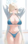  1girl arms_behind_head arms_up asuna_(blue_archive) bikini bikini_under_clothes blonde_hair blue_archive blue_bikini blue_eyes blue_hair blush breasts cameltoe cleavage collarbone collared_shirt commentary cowboy_shot grin groin hair_over_one_eye halterneck highleg highleg_bikini highres huge_breasts indoors long_hair long_sleeves looking_at_viewer mole mole_on_breast navel no_pants nose_blush one_eye_covered open_clothes open_shirt parted_lips shirt smile solo standing stomach swimsuit thigh_gap underboob veilion very_long_hair white_background white_shirt window 