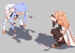  1boy 1girl aether_(genshin_impact) ahoge blonde_hair braid cat_shadow_puppet_(meme) different_shadow dress genshin_impact gloves grey_background hair_between_eyes highres kate_khobot long_hair lumine_(genshin_impact) meme shadow shadow_puppet shoes squatting white_dress 