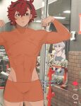  2girls black_hairband blue_eyes bodysuit closed_mouth commentary drooling dumbbell flexible grey_eyes grey_sports_bra gundam gundam_suisei_no_majo gym hairband highres holding holding_dumbbell i_was_watching_my_gym_clips_and_saw_this_girl_behind_me_(meme) long_hair meme miorine_rembran multiple_girls open_mouth orange_bodysuit qnhuw red_hair sports_bra suletta_mercury symbol-only_commentary thick_eyebrows tiktok toned toned_female white_hair yuri 