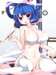  blue_eyes blue_hair blush bra breasts commentary_request doku_corne hair_ornament hair_rings hair_stick heart heart-shaped_pupils highres kaku_seiga kiseru large_breasts lingerie looking_at_viewer midriff navel open_mouth pipe short_hair sitting smile smoke smoking solo symbol-shaped_pupils thighhighs thong touhou underwear white_legwear 