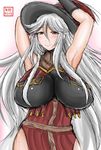  armpits arms_up bangs bodice breasts commentary_request dress granblue_fantasy grey_hair hat heart highres huge_breasts long_hair long_sleeves looking_at_viewer magisa_(granblue_fantasy) purple_eyes smile solo very_long_hair witch_hat yano_toshinori 