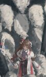  1girl absurdres ahoge arknights brown_hair coat eyjafjalla_(arknights) eyjafjalla_the_hvit_aska_(arknights) grey_horns hair_ornament high_side_ponytail highres holding holding_staff horns jacket long_hair looking_at_animal purple_shirt red_eyes sheep sheep_girl shirt skirt smile staff ujin_holo white_coat 