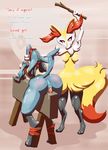  anthro bdsm blindfold blue_fur bondage bound braixen canine duo female female/female fur issitop lucario mammal nintendo penetration pok&eacute;mon red_ass red_eyes spanking vaginal vaginal_penetration video_games wooden_horse 