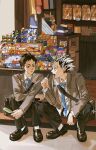  2boys akaashi_keiji bag black_hair black_pants blue_necktie bokuto_koutarou box breast_pocket buttons candy charm_(object) collared_shirt diagonal-striped_clothes diagonal-striped_necktie eco6716 elbow_on_knee eye_contact food grey_eyes grey_hair grey_jacket haikyuu!! hair_slicked_back highres holding holding_food holding_ice_cream ice_cream ice_cream_bar jacket lapels layered_sleeves lollipop long_sleeves looking_at_another male_focus multicolored_hair multiple_boys necktie notched_lapels open_clothes open_jacket open_mouth pants pocket rubber_duck shirt shoulder_bag snack squatting striped_clothes striped_necktie teeth upper_teeth_only white_shirt wing_collar 