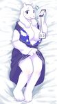  3_toes ]:) anthro bed big_breasts blanket blush breasts caprine chinad011 cleavage clothed clothing cute dakimakura_design dress emoji eyelashes female fur goat horn looking_at_viewer lying mammal mature_female on_back open_mouth phone sweat toes toriel undertale undressing video_games white_fur 