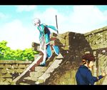  brown_hair day gloves hinotta male_focus mikleo_(tales) multiple_boys pants ruins scenery shirt sky sorey_(tales) stairs tales_of_(series) tales_of_zestiria white_hair 