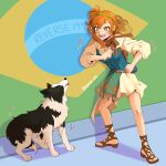  1girl :d blue_vest border_collie brazil_dog_dance_(meme) brazilian_flag bright_pupils brown_sandals dancing dog full_body green_hairband hairband hat hat_on_back hayde_ink holster looking_at_animal lopera_(reverse:1999) meme miniskirt open_mouth orange_eyes orange_hair pickles_(reverse:1999) reverse:1999 sandals shirt shoulder_holster side_ponytail skirt smile solo straw_hat teeth vest white_pupils white_shirt white_skirt yellow_hat 