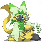  ! blue_eyes blush claws commentary_request cosplay floragato floragato_(cosplay) hood hood_up hoodie looking_at_another looking_at_viewer pokemon pokemon_(creature) sitting smile sparkle taro_(tontaro) translation_request whiskers white_background zeraora 