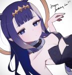  1girl black_collar black_dress blunt_bangs breasts collar commentary dress fur-trimmed_collar fur_trim gradient_hair halo happy_birthday headpiece highres hololive hololive_english long_hair looking_at_viewer lumina_(1umin4) mole mole_under_eye multicolored_hair ninomae_ina&#039;nis ninomae_ina&#039;nis_(1st_costume) orange_hair parted_lips purple_eyes purple_hair sidelocks simple_background small_breasts solo straight_hair strapless strapless_dress tentacle_hair tube_dress virtual_youtuber white_background 