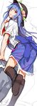  bad_id bad_pixiv_id black_legwear blue_hair food fruit hat hinanawi_tenshi kneehighs long_hair looking_at_viewer neropaso no_shoes open_mouth peach red_eyes sketch skirt solo touhou 