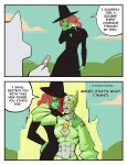 absurd_res arrow_(weapon) band-aid bandage black_clothing black_dress black_hat black_headwear bonnymama7 canid canine canis clothing comic dress elphaba_(bonnymama7) english_text female group hat headgear headwear hi_res humanoid humanoid_pointy_ears jojo&#039;s_bizarre_adventure mammal pointy_ears ranged_weapon stand_(jjba) standing text trio weapon wolf