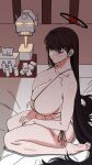  1girl barefoot bikini black_hair blue_archive blush breasts cleavage commentary_request frown gold_bikini hair_ornament hairclip halo highres korean_commentary lamp large_breasts long_hair radiocupcake red_eyes ringed_eyes rio_(blue_archive) sitting solo sweat swimsuit tissue_box very_long_hair wariza 
