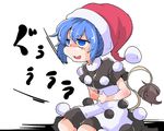  blue_eyes blue_hair doremy_sweet dress hands_on_own_stomach hat hungry nightcap partially_translated pom_pom_(clothes) shinapuu shirt short_hair skirt smile solo stomach_growling tail tapir_tail touhou translation_request 