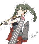  1girl absurdres bigkwl blush bow_(weapon) dated flight_deck gloves green_hair hachimaki hair_between_eyes hair_ribbon hakama hakama_short_skirt hakama_skirt headband highres holding holding_bow_(weapon) holding_weapon japanese_clothes kantai_collection long_hair muneate partially_fingerless_gloves quiver red_hakama ribbon skirt smile solo thighhighs twintails twitter_username weapon white_ribbon yugake yumi_(bow) zuikaku_(kancolle) zuikaku_kai_ni_(kancolle) 