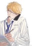  1boy blonde_hair blue_necktie breast_pocket cellphone collared_shirt commentary eco6716 glasses haikyuu!! hashtag-only_commentary highres holding holding_pen iphone long_sleeves looking_down male_focus necktie open_collar pen pen_cap_in_mouth phone pocket shirt short_hair simple_background smartphone solo tsukishima_kei upper_body white_background wing_collar yellow_eyes 