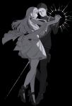  1boy 1girl black_background blue_eyes closed_eyes crying dancing dress earrings enelous full_body gigi_andalusia greyscale gundam gundam_hathaway&#039;s_flash hathaway_noa highres holding_hands jewelry long_hair mecha_pilot_suit monochrome short_hair simple_background spot_color standing standing_on_one_leg triangle_earrings 