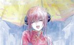  1girl bun_cover china_dress chinese_clothes closed_eyes double_bun dress gintama hair_bun high_collar highres kagura_(gintama) lushu_kuye open_mouth painting_(medium) portrait red_shirt shirt short_hair solo traditional_media umbrella upper_body watercolor_(medium) yellow_umbrella 