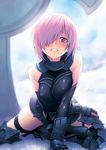  arm_support bare_shoulders breasts clenched_teeth elbow_gloves fate/grand_order fate_(series) gauntlets gloves greaves hair_over_one_eye kazuma_muramasa kneeling large_breasts leaning_forward looking_at_viewer mash_kyrielight purple_eyes purple_hair short_hair solo teeth thigh_strap 