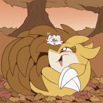 2019 anthro biped blush blush_lines brown_body buckteeth cheek_tuft claws cuddling duo facial_tuft female fuf generation_1_pokemon generation_8_pokemon heart_symbol hi_res larger_female leaf looking_at_another lying lying_on_ground male multicolored_body nintendo on_front on_ground open_mouth open_smile outside pokemon pokemon_(species) sandslash scorbunny size_difference smaller_male smile tan_body teeth tongue tuft two_tone_body white_body