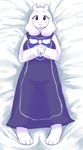  3_toes anthro bed blanket blush caprine chinad011 clothing cute dakimakura_design dress eyelashes female fur goat horn looking_at_viewer lying mammal mature_female on_back open_mouth solo suggestive toes toriel undertale video_games white_fur 