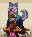 abdominal_bulge anthro assisted_sex bea_(woobest) big_dildo canid canine canis chastity_cage chastity_device coyote dildo dildo_sitting dominant dominant_gynomorph dominant_intersex duo flat_chastity_cage gynomorph gynomorph/male halfpricesouls hi_res ictonychine intersex intersex/male licking licking_lips male mammal marbled_polecat markus_(woobest) mustelid musteline penetration polecat_(mustelid) pushing_down sex_toy submissive submissive_male tongue tongue_out