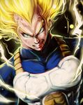  absurdres amaguchi_chiyoko anger_vein armor bad_id bad_pixiv_id blonde_hair blood chromatic_aberration dragon_ball dragon_ball_z dutch_angle electricity green_eyes grin highres kubrick_stare male_focus nosebleed smile solo super_saiyan super_saiyan_2 upper_body vegeta widow's_peak 