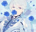  bad_id bad_pixiv_id blue_flower blue_rose flower male_focus mikleo_(tales) mouth_hold purple_eyes rose solo t0mati0a tales_of_(series) tales_of_zestiria white_hair 