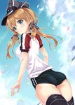  alternate_costume ass blonde_hair blush breasts buruma double_vertical_stripe fukuda_shuushi gym_uniform hair_ornament hat highres kantai_collection long_hair looking_back medium_breasts peaked_cap prinz_eugen_(kantai_collection) solo thighhighs twintails 