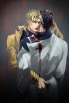  bite_mark black_hair black_nails blonde_hair blood blood_from_mouth bloody_clothes dio_brando earrings fangs hand_on_another's_ass hand_on_another's_head highres jacket jewelry jojo_no_kimyou_na_bouken kuujou_joutarou less_end long_coat male_focus multiple_boys nail_polish red_eyes tongue tongue_out vampire wrist_cuffs 