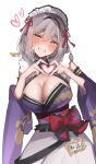  1girl absurdres alternate_costume apron bare_shoulders blush breasts cleavage double_finger_heart enmaided finger_heart frilled_apron frills goddess_of_victory:_nikke grey_hair hair_between_eyes heart heart_hands highres iwazaki japanese_clothes kimono large_breasts long_hair long_sleeves looking_at_viewer maid maid_apron maid_headdress mixed_maids scarlet_(nikke) smile solo upper_body wa_maid white_apron wide_sleeves yellow_eyes 