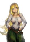  belt blonde_hair blue_eyes breasts breasts_apart contrapposto cowboy_shot gundam gundam_tekketsu_no_orphans hands_on_hips highres hips kudelia_aina_bernstein large_breasts long_hair off_shoulder pandea_work parted_lips see-through simple_background solo standing thighs very_long_hair wet wet_clothes white_background 