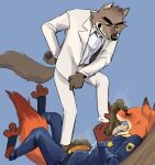 3_toes anthro blue_background bodily_fluids body_worship bottomwear brown_body brown_fur canid canine canis clothing cum dirty dirty_feet disney dominant dominant_anthro dominant_male dreamworks duo ejaculation eyes_closed fangs feet foot_fetish foot_on_face foot_on_penis foot_play foot_sniffing fox fur genital_fluids genitals grin hi_res humanoid_genitalia humanoid_penis male male/male mammal mr._wolf_(the_bad_guys) musk_worship musky_feet nick_wilde open_mouth orange_body orange_fur pants penis police police_uniform red_body red_fur shirt simple_background smelly smelly_feet smile sniffing standing stink_fumes submissive submissive_anthro submissive_male suit_jacket sweat sweaty_feet taro_anderson teeth the_bad_guys toes tongue tongue_out topwear uniform wolf zootopia