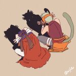  2boys animal_ears blue_hair cape cat_boy cat_ears cat_shadow_puppet_(meme) eifilet fingerless_gloves fire_emblem fire_emblem:_path_of_radiance gloves headband ike_(fire_emblem) male_focus meme multiple_boys ranulf_(fire_emblem) red_cape shadow_puppet short_hair squatting tail twitter_username 