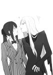  2girls aged_up black_dress black_hair breasts commentary_request cosplay couple dress gomez_addams gomez_addams_(cosplay) highres ichijou_michiru jacket long_hair long_sleeves me-gu2 mieruko-chan morticia_addams morticia_addams_(cosplay) multiple_girls open_mouth shirt simple_background standing striped_clothes suit translation_request white_hair wife_and_wife yuri 
