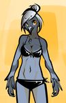  2015 amber_eyes anthro avian beak bikini bird breasts chest_tuft cleavage clothed clothing feathers female fur hair looking_at_viewer pigeon simple_background solo swimsuit talons tomol6 tuft white_hair 