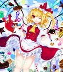  apron ascot balloon blonde_hair bow cake candy candy_cane chocolate chocolate_cake chocolate_heart cookie daimaou_ruaeru doughnut flandre_scarlet food hat hat_bow heart highres laevatein lollipop looking_at_viewer mob_cap nail_polish one_eye_closed petticoat puffy_short_sleeves puffy_sleeves red_eyes sash shirt short_sleeves side_ponytail skirt skirt_set smile solo thighs touhou vest waist_apron wind wind_lift wings wrist_cuffs 
