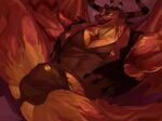 4_horns anthro armpit_hair biceps body_hair bottomless bulge clothed clothing demon dragon helluva_boss hi_res horn lying male multi_eye multi_horn muscular muscular_anthro muscular_male muscular_thighs mythological_creature mythological_scalie mythology on_back open_mouth open_smile pantsless partially_clothed pecs red_body satan_(helluva_boss) scalie signature skull_accessory smile solo spread_legs spreading topwear underwear vein veiny_muscles vest wulfer-shepherd yellow_eyes