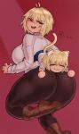  2girls :3 absurdres ahoge animal_ears antenna_hair arcueid_brunestud ass blonde_hair blush breasts cat_ears cat_girl cat_tail chibi highres large_breasts long_sleeves melty_blood multiple_girls neco-arc open_mouth ourobot pantyhose red_eyes short_hair skirt smile sweater tail thick_thighs thighs tsukihime tsukihime_(remake) turtleneck white_sweater 