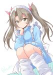  1girl alternate_costume back_bow blue_jacket blue_skirt bow dutch_angle enmaided frilled_skirt frills grey_eyes grey_hair highres jacket kantai_collection loose_socks maid maid_headdress one-hour_drawing_challenge shizuna_kaede simple_background skirt smile socks solo twintails white_background white_bow white_socks zuikaku_(kancolle) 