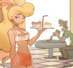 anthro avian background_character belly beverage bird bottomwear clothing crop_top don_bluth female food galliform goldie_pheasant hanna-barbera lidded_eyes looking_at_viewer male mammal midriff otagoth piercing rock-a-doodle scooby-doo_(series) serving_tray shaggy_rogers shirt shorts solo topwear waiter