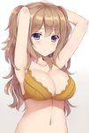  armpits arms_up blush bra breasts brown_bra brown_hair cleavage collarbone highres large_breasts long_hair looking_at_viewer mizunashi_kenichi navel original purple_eyes solo two_side_up underwear underwear_only upper_body 