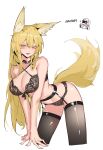  1girl absurdres animal_ears arknights bare_shoulders black_bra black_garter_belt black_panties black_thighhighs blonde_hair bra breasts cleavage doctor_(arknights) earrings english_commentary fox_ears fox_girl fox_tail garter_belt highres implied_extra_ears indonesian_commentary jewelry khrnnfz large_breasts lingerie lips long_hair mixed-language_commentary neck_tattoo panties scar scar_on_cheek scar_on_face solo tail tattoo thighhighs underwear vulpisfoglia_(arknights) yellow_eyes 