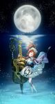  1girl barcarola_(reverse:1999) blue_dress boots bow_(music) cape closed_eyes crackling_box_(reverse:1999) cruise_ship dress elbow_gloves full_body full_moon gloves grey_gloves hat hat_feather highres holding holding_bow_(music) huge_moon instrument light_particles long_hair minnim mole mole_under_eye moon moonlight musical_note musical_note_print night night_sky ocean open_mouth print_dress purple_cape red_hair reverse:1999 shako_cap sky sleeveless sleeveless_dress smile solo standing treble_clef two-tone_dress wading white_boots white_dress white_hat 