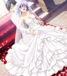  1boy 1girl altar back-to-back blue_eyes blush breasts bridal_veil bride chaos;child chaos;child_love_chu_chu!! church cleavage collarbone couple dress elbow_gloves eyewear_on_head formal_clothes game_cg glasses gloves groom happy highres hug hug_from_behind husband_and_wife indoors jewelry kazuki_hana large_breasts looking_at_another looking_back miyashiro_takuru necklace official_art open_mouth pearl_necklace purple_eyes purple_hair ribbon sasaki_mutsumi short_hair sidelocks smile strapless strapless_dress suit tongue veil wedding wedding_dress white_dress white_gloves white_ribbon white_suit 