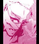  1boy barr2019_3 blonde_hair character_name coat donquixote_doflamingo english_text head_tilt highres looking_at_viewer male_focus one_piece open_mouth pink_coat pink_theme portrait removing_eyewear shirt short_hair sunglasses teeth tongue tongue_out white_shirt 