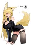  1girl absurdres animal_ears arknights bare_shoulders black_garter_belt black_panties black_sweater black_thighhighs blonde_hair breasts cleavage cleavage_cutout clothing_cutout doctor_(arknights) earrings english_commentary fox_ears fox_girl fox_tail garter_belt highres implied_extra_ears indonesian_commentary jewelry khrnnfz large_breasts lingerie lips long_hair mixed-language_commentary off-shoulder_sweater off_shoulder panties scar scar_on_cheek scar_on_face solo sweater tail thighhighs turtleneck turtleneck_sweater underwear vulpisfoglia_(arknights) yellow_eyes 