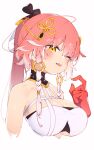  1girl breasts changli_(wuthering_waves) cleavage fang hair_ornament highres large_breasts medium_hair one_eye_closed open_mouth pink_hair rasusurasu simple_background skin_fang solo upper_body white_background wuthering_waves yellow_eyes 