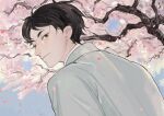  1boy akaashi_keiji black_hair blue_sky cherry_blossoms collared_jacket commentary eco6716 falling_petals flower grey_jacket haikyuu!! hashtag-only_commentary highres jacket looking_back looking_to_the_side male_focus outdoors petals pink_flower shirt short_hair sky solo suit_jacket upper_body white_shirt 